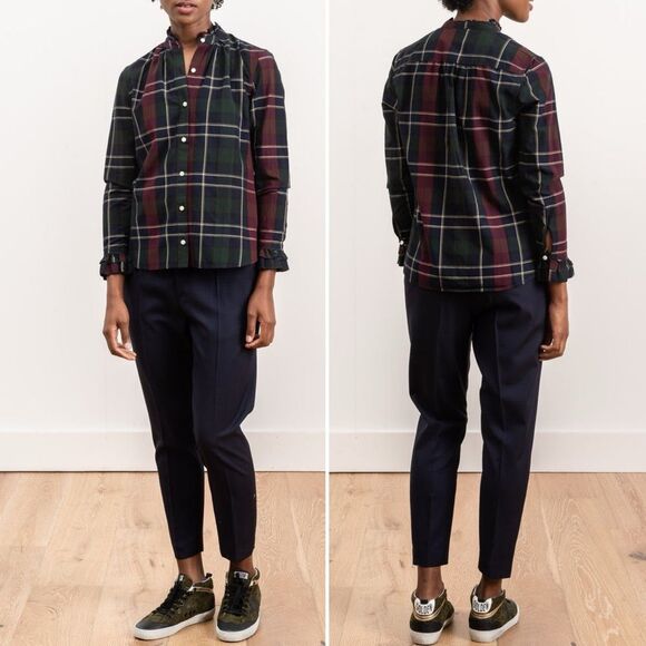 Trovata Birds of Paradis Caroline Ruffle Cuff Blouse Wine Navy Plaid Size Small - Picture 12 of 12